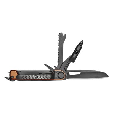 Gerber Armbar Trade Burnt Orange multiverktyg med kniv, sågblad, Phillips-fräs, konservöppnare och texturerat metallhandtag.