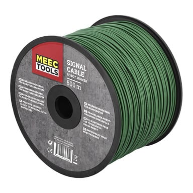 Eine Spule Grünsignalkabel für einen Robotermäher, beschriftet MEEC TOOLS SIGNAL CABLE 500 m, mit Produktinformationen auf einem grauen Etikett.