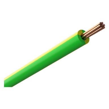 En Amokabel enkelttrådet kabel med grønn og gul isolasjon, som viser en eksponert spiss som viser flere kobbertråder.