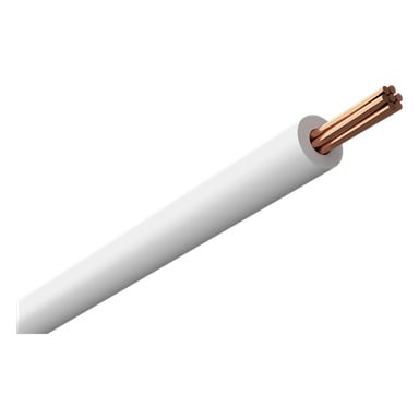 En hvit Amokabel enkeltkjernet kabel vises med enden kuttet opp, og eksponerer flere kobbertråder inni.