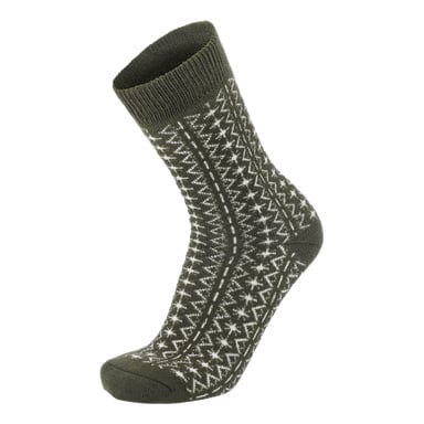 Kayoba Outdoor Wool -sukka, tummanvihreä, valkoinen geometrinen kuvio, uurrelliset kalvosimet sekä vahvistettu kantapää ja varvas.