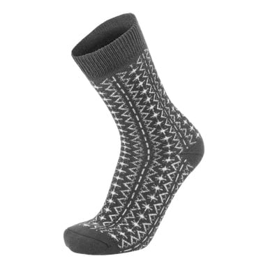 Yksittäinen harmaa Kayoba Outdoor Wool -sukka, jossa on valkoinen geometrinen kuvio, uurrettu kalvosimi sekä vahvistettu kantapää ja varvas.