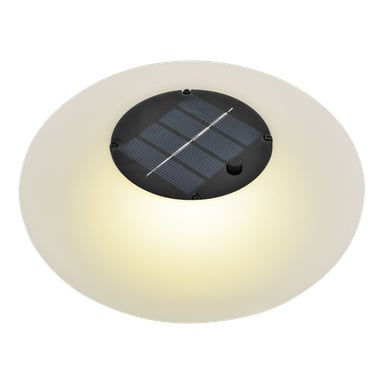 Lampa Anslut Solar Cell z okrągłym białym korpusem, świecącym środkiem i czarnym panelem słonecznym na górze, mocowanym czterema widocznymi śrubami.
