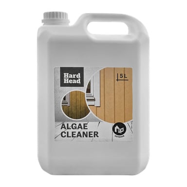En 5-liters vit plastflaska med Hard Head Alg Cleaner med handtag och skruvlock. Etiketten visar rengjorda ytbilder och "UTOMHUS".