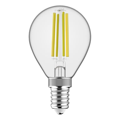 Anslut Globe LED-lampan har en rund, klar glasdesign med synliga gula glödtrådar och en silverskruvbas.