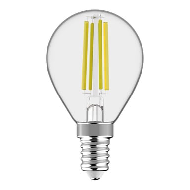 Anslut Dimmable Globe LED-lampan har en metallskruvbas och fyra synliga gula glödtrådar.