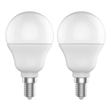 Två identiska Anslut Globe LED-lampor med metalliska skruvsocklar står upprätt sida vid sida, visade som ett 2-pack.