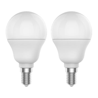 Ett 2-pack Anslut Globe LED-lampor står upprätt. Varje lampa har en rund frostad topp, metallskruvbas och avsmalnande kropp.