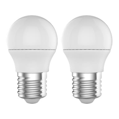Par Anslut Globe LED-lampor med metalliska skruvsocklar, visade sida vid sida som ett 2-pack.