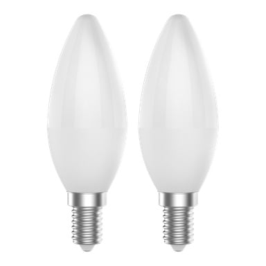 Anslut Chandelier lyspære LED 2-pakke inkluderer to lysformede pærer med metalliske skruesokler, som står side om side.