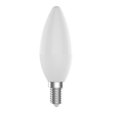 Anslut Chandelier LED 2-pack har vita, frostade ljusformade lampor med metalliska skruvsocklar.