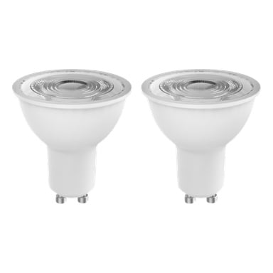 Två Anslut Reflector LED-lampor (2-pack) med metalltoppar och GU10-socklar visas sida vid sida.