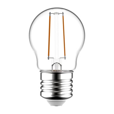Anslut Globe LED-lampan har synliga orangea glödtrådar och en silverfärgad skruvsockel.