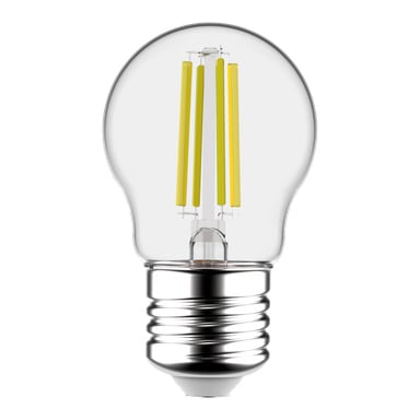 Ansluts dimmbara glob LED-lampa har exponerade gula glödtrådar och en metallisk skruvbas.