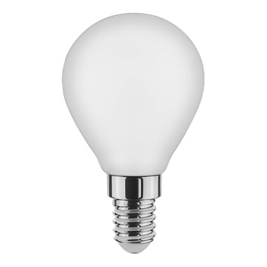 En närbild på en Anslut Dimmbar glob LED-lampa med metallskruv.