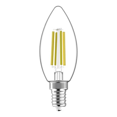 Anslut LED-ljuskrona med ljusflamma, transparent glas, silversockel och fyra gula glödtrådar synliga inuti.