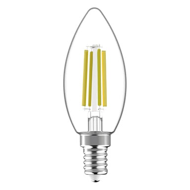 Anslut dimbar ljuskrona LED-lampa med ett klart ljusformat glas, silverfärgad skruvbas och fyra vertikala gula glödtrådar.