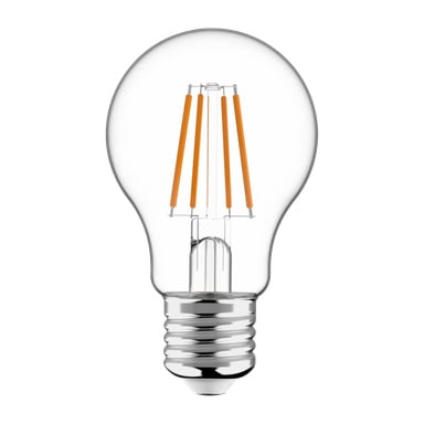 Ansluts Normal LED-lampa med skymningssensor står upprätt och visar klart glas, orange glödtrådar och en E27-skruvbas.