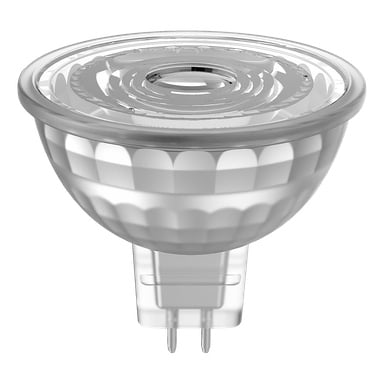Anslut dimmbar LED-reflektorlampa med GU5.3 bi-pins bas, fasetterreflektor och cirkulärt mönstrat glas för starkt ljus.