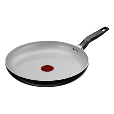 Tefal Fresh Kitchen stekepannen har et grått innvendig non-stick, svart utvendig og håndtak, og en rød, sirkulær midtmarkering.