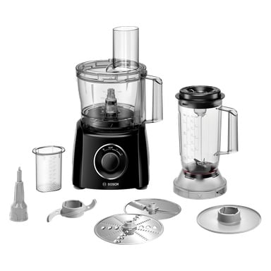 Bosch MultiTalent 3 MCM3201B matprosessor i svart og sølv med blenderkrukke, målebeger, blader, plater og plastverktøy.