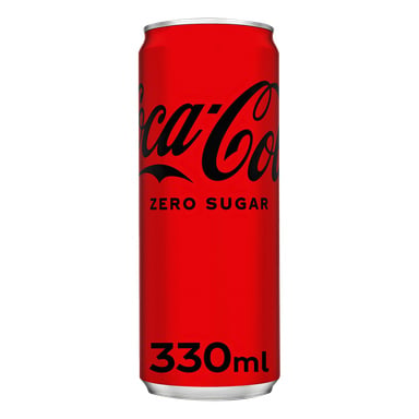 En 330 ml röd burk Coca-Cola Zero Sugar med svart text och logotypen. Den upprättstående burken visar produktnamn och storlek tydligt.