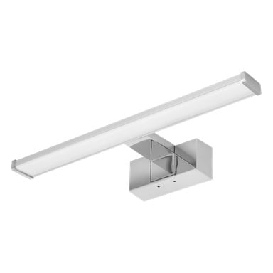 EKVIP LED-badrumsbelysningen har en slank rektangulär kromdesign, en bred platt panel och ett fyrkantigt basfäste.