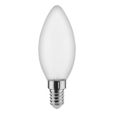 Anslut Chandelier lamplampa LED har en frostad, ljusliknande form och en silverfärgad skruvsockel.
