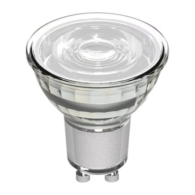 Anslut LED-heijastinpolttimo GU10-pohjalla, kirkas lasirunko, viistonäkymä, jossa näkyy heijastava sisätila ja metallitapit alla.