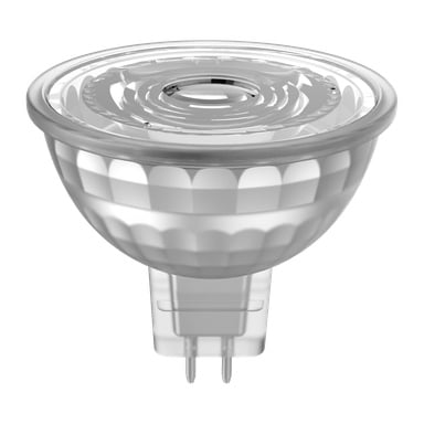 Närbild av en Anslut Reflector LED-lampa med bi-pin-bas och en fasetterad, reflekterande yta som omger linsen.