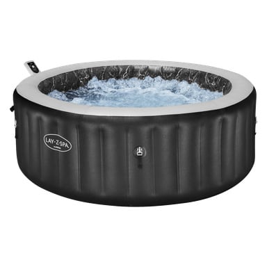 En sidevinklet utsikt over et Lay-Z-Spa oppblåsbart boblebad i svart og grått, fylt med boblende vann.