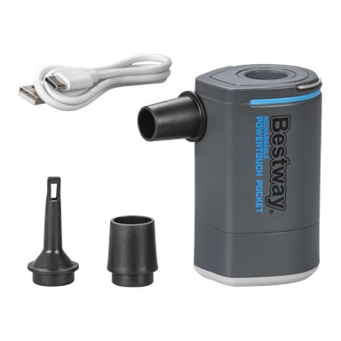 Uppladdningsbar minikompressor PowerTouch Pocket från Bestway, visad med USB-laddningskabel och två munstyckstillbehör.
