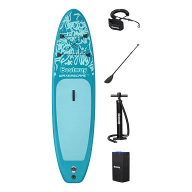 Blå uppblåsbar paddleboard med abstrakta vita grafiker, plus paddel, manuell pump, spiralkoppling och svart bärväska.
