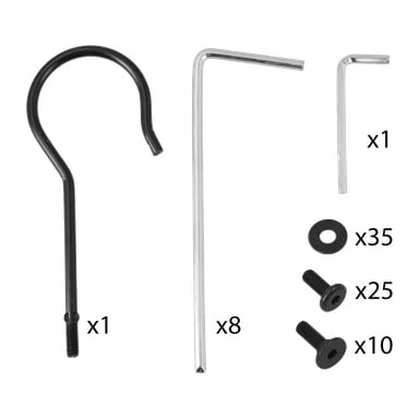 Gazebo-tältmonteringskit (42 delar): svart krok, 8 L-formade stänger, insexnyckel, 35 brickor, 25 små och 10 stora skruvar.