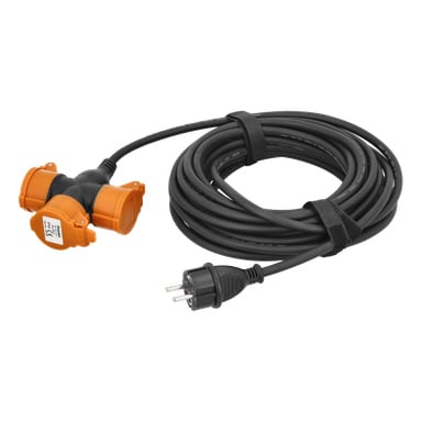 En svart Anslut elektrisk skjøteledning med en to-pinners plugg på den ene siden og en oransje, tre-uttak splitter på den andre, pent sammenrullet og holdt sammen av en svart borrelåsstropp.