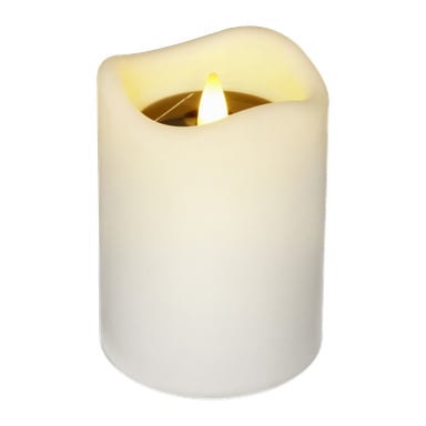 Anslut solcellslampa är ett flamfritt LED-ljus i vitt med en livlik fladdrande låga och en ojämn, smält vax-stil toppkant.