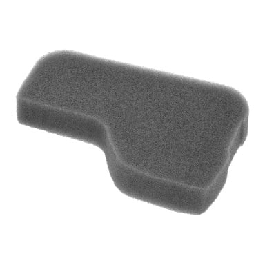 Ett rektangulärt grått skumfilter för gräsklippare med ett format urtag och en texturerad yta.