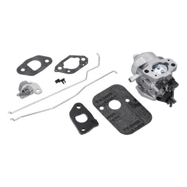 Gressklipperforgasser-kit med pakninger, metallstenger, en plast-metallflottør, en liten svart del og forgassermontering.