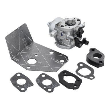 Gressklipperforgasser-kit med metallforgasser, varmeskjerm, svart plastdel og fire distinkt formede pakninger.