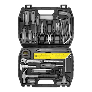45-częściowy zestaw Meec Tools w otwartej czarnej etui schludnie mieści śrubokręty, szczypce, młotek, klucz kluczowy, nasadki i inne narzędzia.