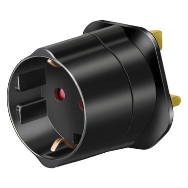 Brennenstuhl Travel adapter UK är en svart kontaktadapter med tre guldstift och två runda röda hål, skapad för att konvertera kontakter mellan olika typer av eluttag.