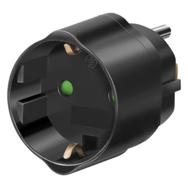 En närbild av Brennenstuhl Travel-adaptern USA/Japan, med ett svart plasthölje, två runda stift och två gröna jordningshål avsedda för användning med europeiska eluttag.
