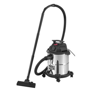 En silverfärgad och svart cylinderformad våt- och torrdammsugare med hjul, lång slang och golvmunstycke. Varumärket Meec Tools visas på framsidan av dammsugarkroppen.