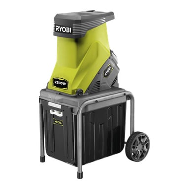 Ryobi Compost Shredder RSH2545B, 2500W, grön och svart med 40L behållare, två hjul och metallstödben.