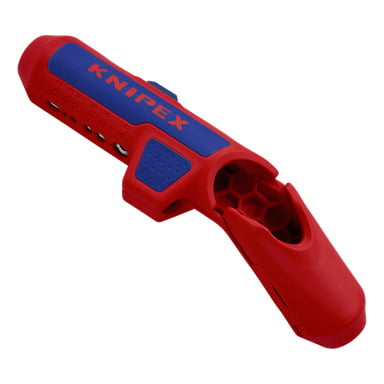 En rød og blå Knipex Cable Stripper 3-i-1 ErgoStrip med et bikakemønster og målemarkeringer på håndtaket.