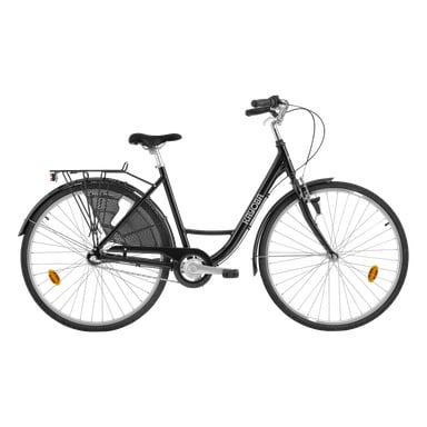 Svart Kayoba Women's Elegance City Bike med genomstegsram, upprättstående styre, skärmar, bakre pakethållare, kedjeskydd och reflekterande pedaler.