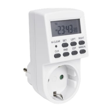 White Anslut digital uketimer med en skjerm som viser 23:43. Flere knapper—M-CLEAR, SET, VENSTRE, HØYRE, CLK, RND, CDT og MANUAL—er plassert over en standard stikkontakt.