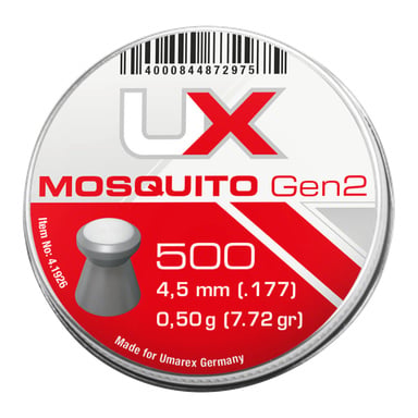 Okrągła puszka Umarex Airgun Pellets Mosquito Gen2, pakiet 500 (4,5mm/.177, 0,50g/7,72gr), oznaczona dla Umarex Germany, pokazany kod kreskowy.