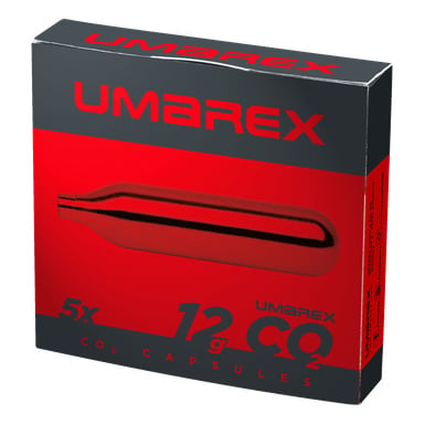 En eske med Umarex 5-pakning CO2-patroner med svart og rød emballasje, patronbilde, "5x" og "12g CO2-kapsler"-tekst.
