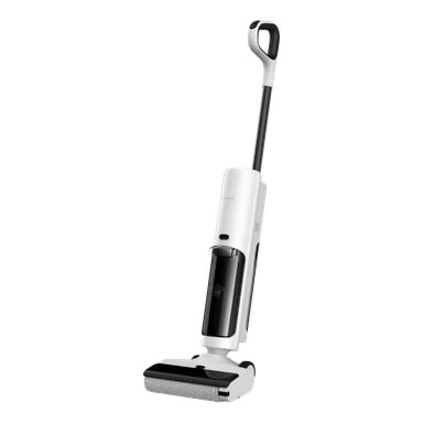 Xiaomi Truclean W20 är en sladdlös stående dammsugare i vitt och svart, med handtag, genomskinlig soptunna och brett texturerat rullhuvud.
